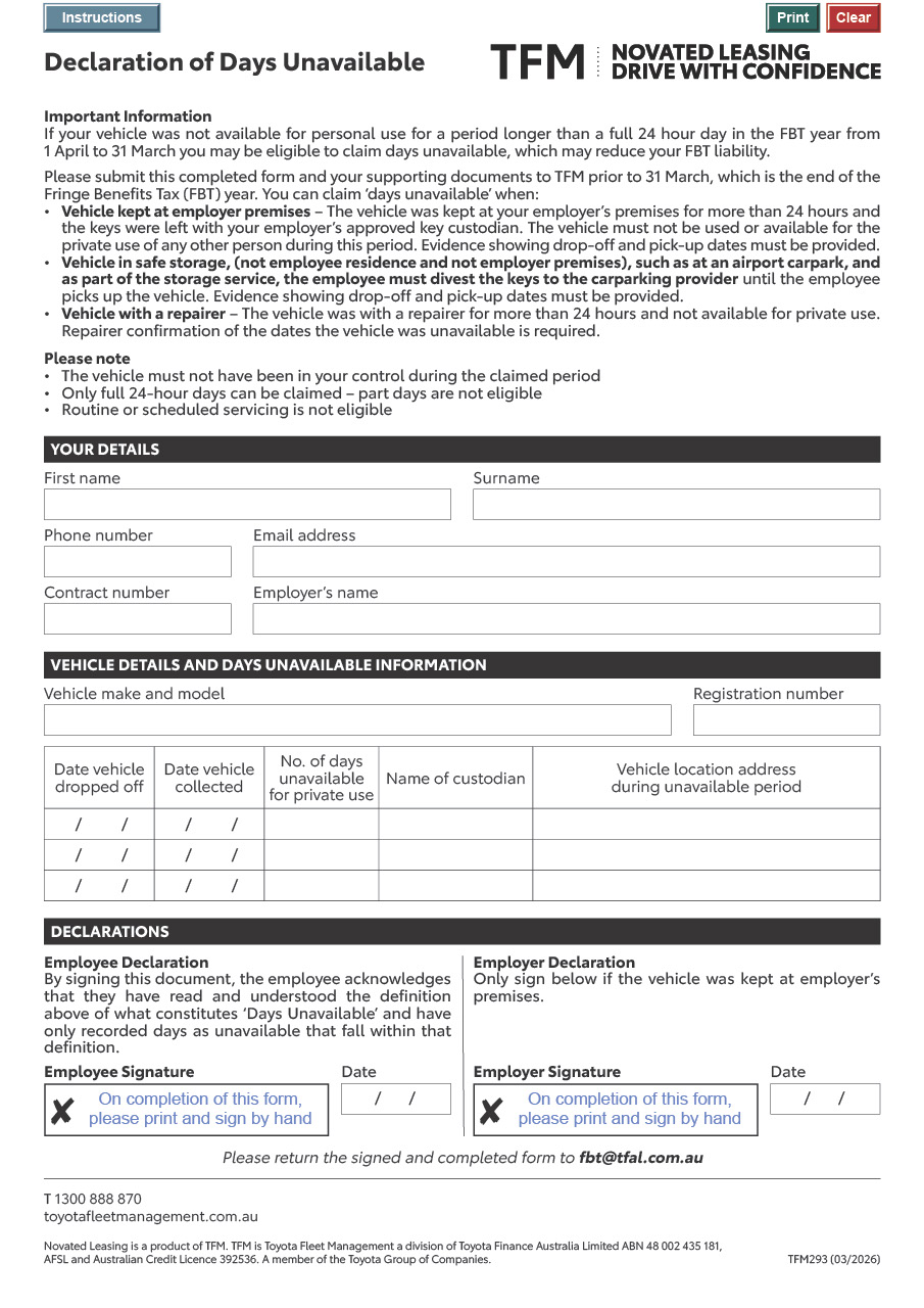 Days Unavailable Form