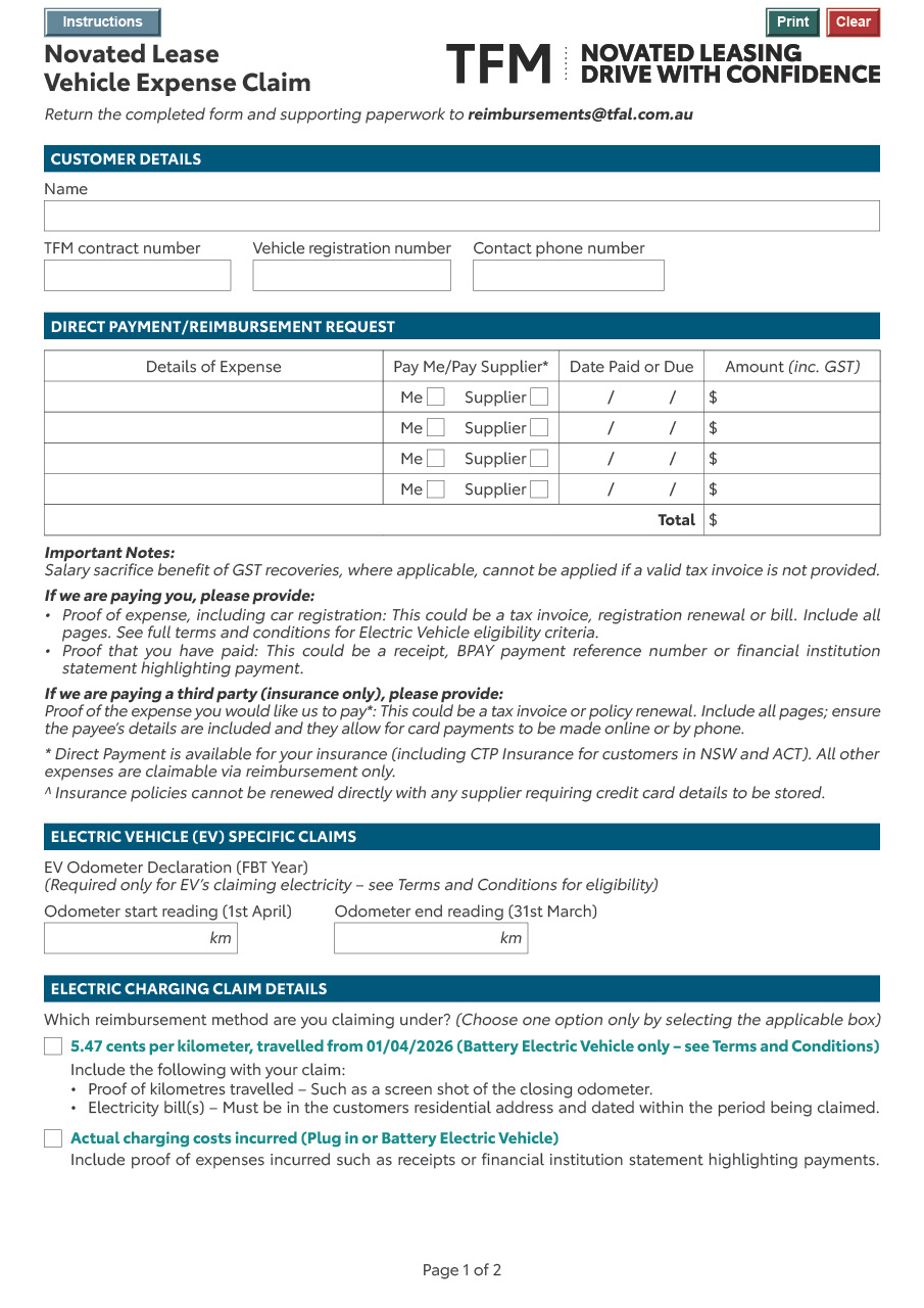 Vehicle expense payment request & claim form