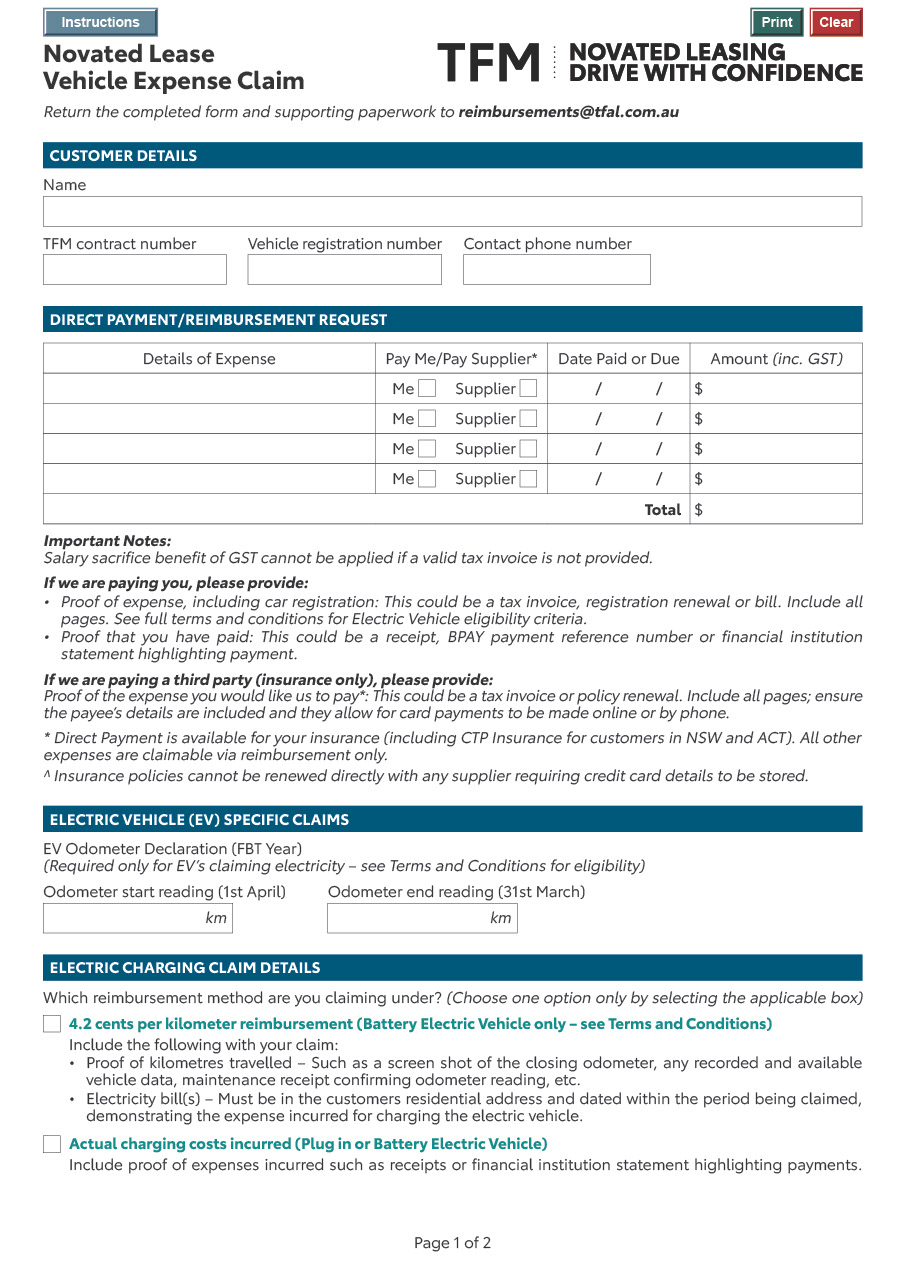 Vehicle expense payment request & claim form