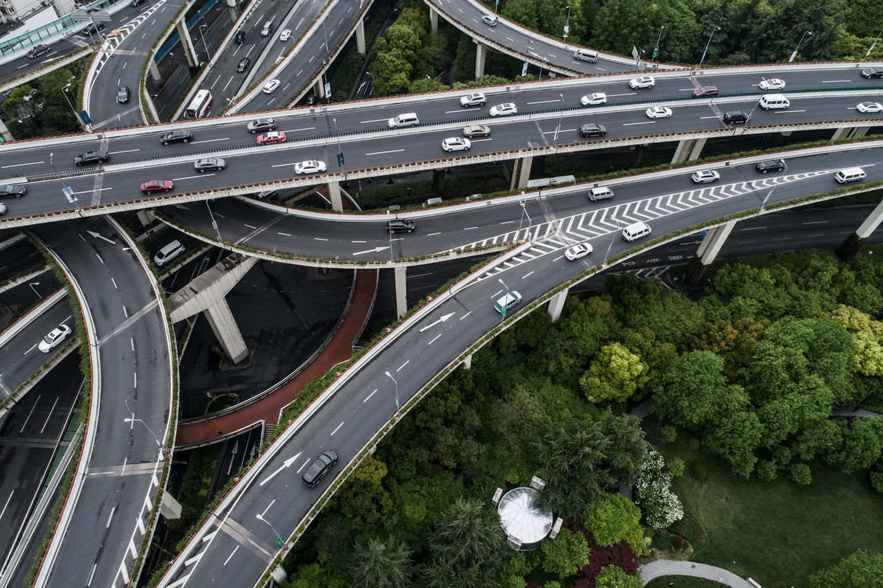 Aerial 360 degree of highway and overpass in east Yan`an road, Shanghai city